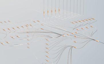 Visualização abstrata de conexões de uma rede neural em um ambiente digital, representando inteligência artificial e cooperação tecnológica.