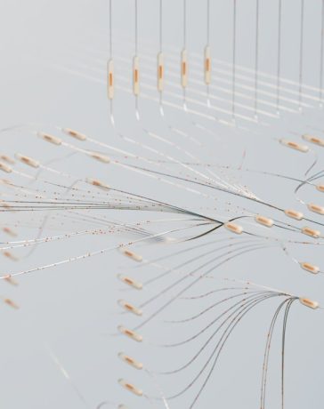 Visualização abstrata de conexões de uma rede neural em um ambiente digital, representando inteligência artificial e cooperação tecnológica.