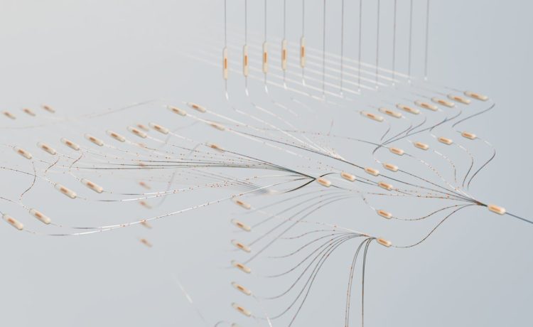 Visualização abstrata de conexões de uma rede neural em um ambiente digital, representando inteligência artificial e cooperação tecnológica.